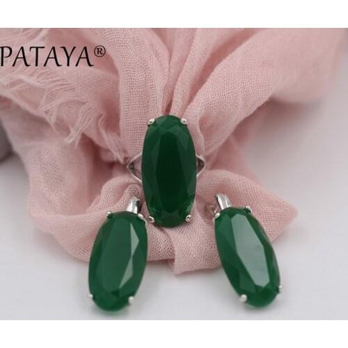 PATAYA Original Design True White Gold Set Oval Green Artificial Zircon Big Dangle Earrings Ring Set Women Vintage Jewelry