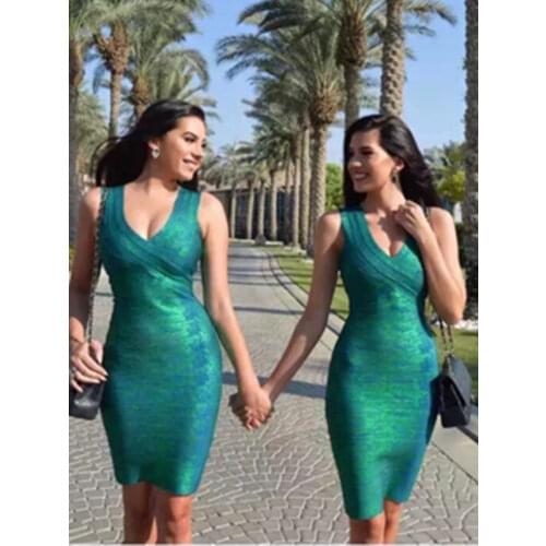 High Quality HL Gold Green Red Black Print V-Neck Stretch Bandage Dress 4 colors