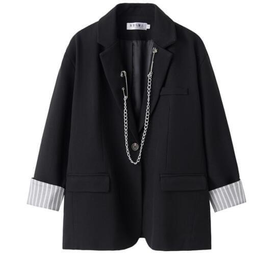 Casual Blazers Jacket Men Hanging Chain Korean Version Of The Trend Loose Stripe Turned White Sleeve Design Sense Suits 2020