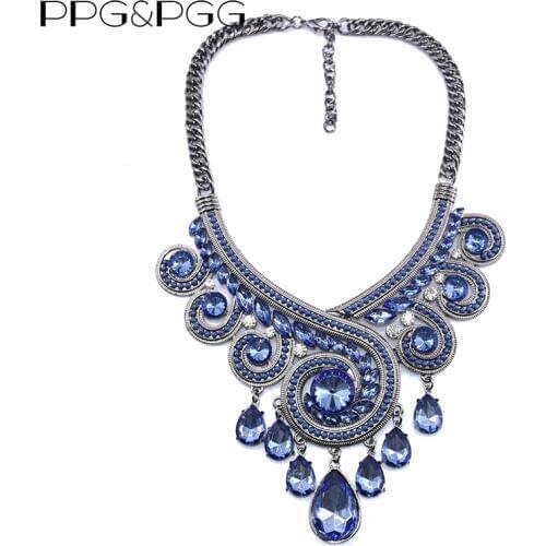 PPG&PGG Bohemia Chunky Chain Statement Women Blue Crystal Waterdrop Tassel Necklaces & Pendants Jewelry