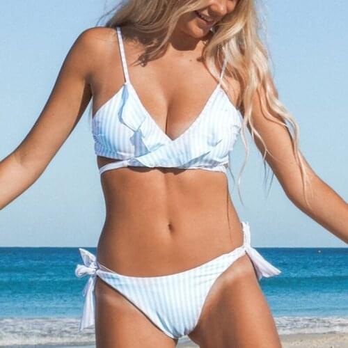 Sexy Sweet Bow Ruffle Bikini Set Striped Swimsuit Women Push Up Swimwear Bathing Suit Thong Bikinis 2021 Mujer Biquinis Feminino