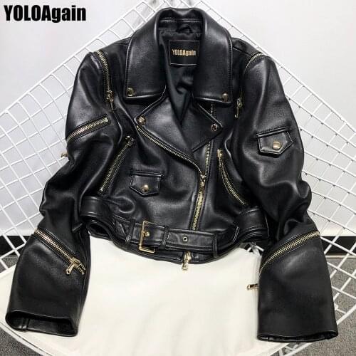 YOLOAgain Women genuine leather jacket ladies zipper black short real sheep leather jacket