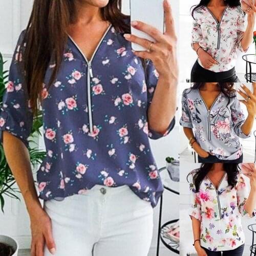 T-shirt Women 2021 V Neck Floral Print Thin Summer Shirt Lady Blouse Comfy Half Sleeve Zipper Casual Shirt Pullover Top
