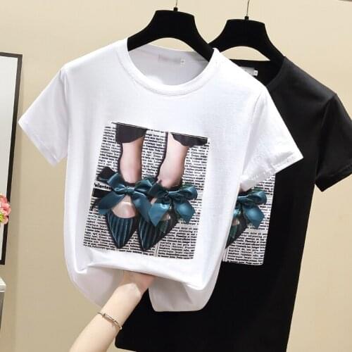 Summer Ins New Women Cotton T-Shirt Fashion Print Diamonds Sequined T Shirts Short Sleeve O-Neck Loose Plus Size Casual Tees Top