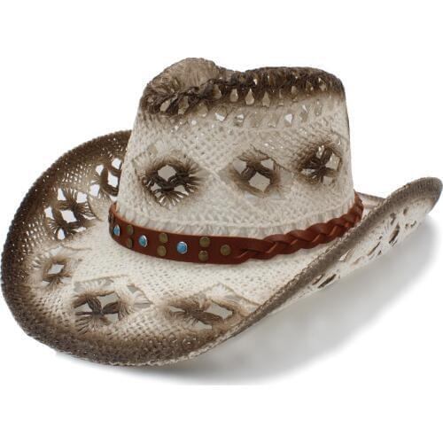 Women Men Western Cowboy Hat With Punk Band Handmade Weave Boater Beach Sun Sombrero Cowgirl Hat Size 58CM
