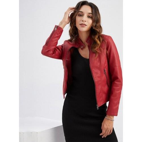 Fashion Leather Jacket Women Zippers Spring Autumn Womens PU Leather Jacket Mandarin Collar Red Motor Biker Coat for Female