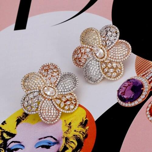 TIRIM Tendy Crystal Flower Dangle Stub Earrings for Women Luxury Sparking CZ Cubic Ziron Wave Earing Fashion Jewelry Gifts