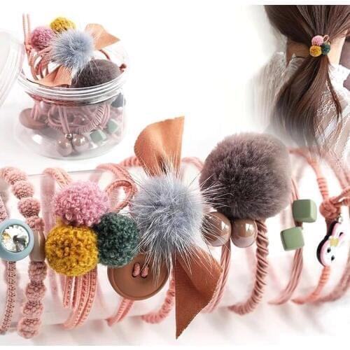 10Pcs/Box Fashion Hair Rubber Band Headwear Set For Women Simple Solid Color Ponytail Holder Fur Ball Headbands Headdress Girls