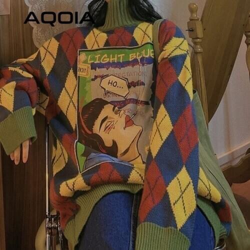 Y2K Harajuku Turtleneck Knit Female Pullover Argyle Oversize Warm Womens Long Sweater 2021 Winter Appliques Loose Thick Sweater
