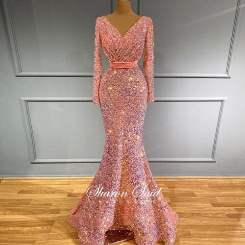 Blush Pink Sequin Mermaid Muslim Evening Dresses Long Sleeve 2021 Luxury Elegant Prom Formal Dress for Women Wedding Party Gowns