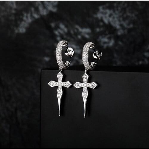 1 Pair Hip Hop AAA CZ Stone Paved Bling Ice Out Cross Drop Earrings for Men Women Unisex Fashion Jewelry Drop Shipping
