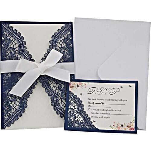 100 pieces/lot) Navy Lace Muslim Wedding Invitation Card Personalized Print Birthday Marriage Invitations With RSVP Card IC141