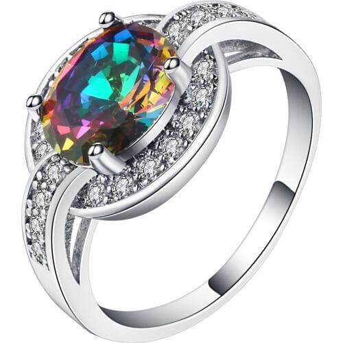 Shining Micro Pave Rainbow Zircon Rings Jewelry Silver Color Simple Design Bijoux Wedding Bands Rings For Women Accessories