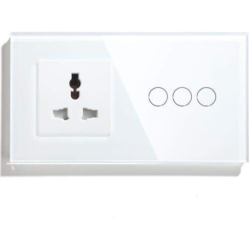 BSEED Touch Switch 3Gang 1Way 2 Way EU Standard Wall Switch White Black Gloden Multifunction Socket 3 Colors Crystal Glass Panel
