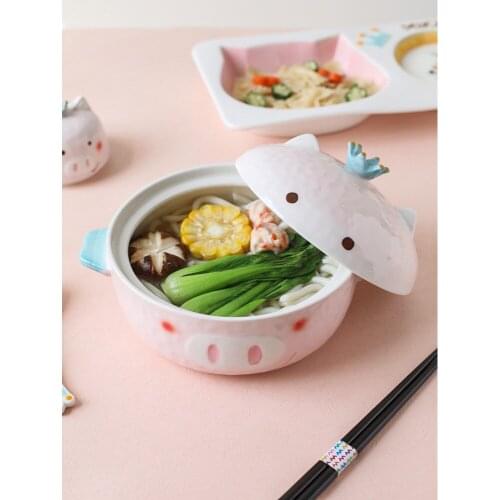 Ceramic noodle bowl for children cute pig cartoon lovely child kitchen tableware dinner plates pink spoon dishes and plates sets