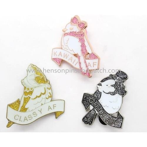 Custom metal soft enamel bird pink glitter kawaii badge