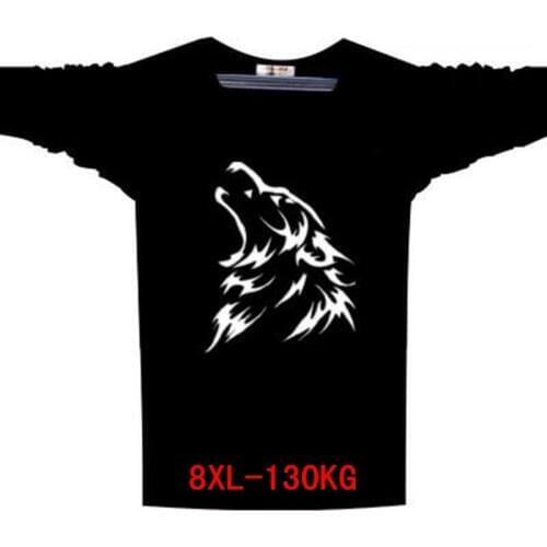 Mens big T-shirt large size 5XL 6XL 7XL 8XL autumn and winter long-sleeved round neck big wolf head print black gray blue