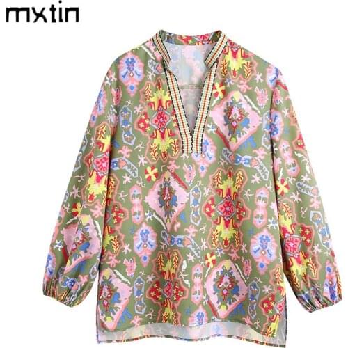MXTIN 2021 Women Spring Vintage Floral Print Loose Blouses Fashion V-Neck Long Sleeve Female Shirts Blusas Casual Tops Mujer