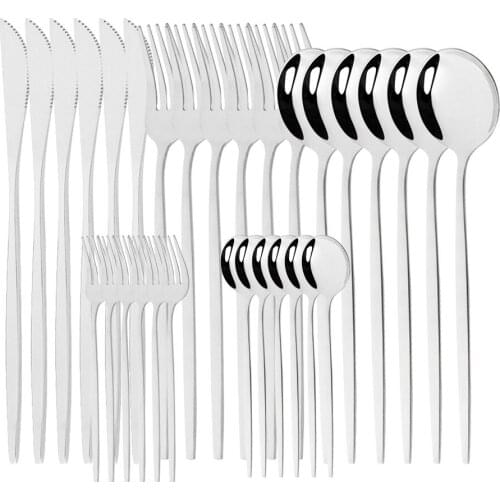6Set Mirror Siver Dinnerware Set Stainless Steel Steak Knife Fork Coffee Spoon Flatware Dishwasher Safe Kitchen Tableware Set