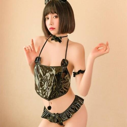 2021 New Hot Erotic Underwear Sexy Cute Gentleman Bear Patent Leather Sling Bellyband Tie Pompom Puff Skirt Panties Uniform Set