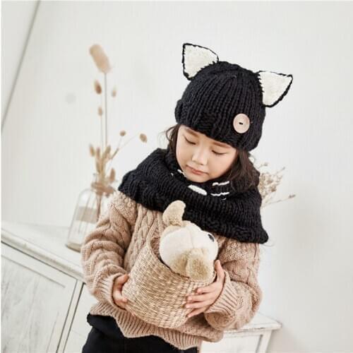 New Kids Winter Warm Hats Hot baby kids girls Woolen Scarf set caps and hats Cat ears stylish hand-woven Knitted hat set HT19040
