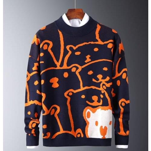 QNPQYX New Autumn Casual Mens Sweaters Polar Bear Pattern Trendy Slim Sweaters Cotton Long Sleeve Male Warm Pullovers Orange