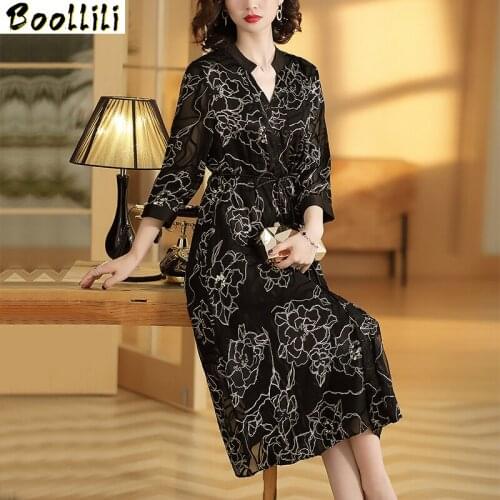 Boollili Party Dress Women Elegant Print Dress Vintage Print Maxi Dresses Spring Autumn Vestido Black Vestidos Verano