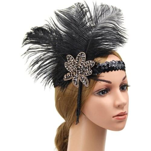 Great Gatsby Headpiece Female Vintage Style Feather Sequins Tassel 1920s Dancer Princess Bride Cosplay Stage Elegant Headwear