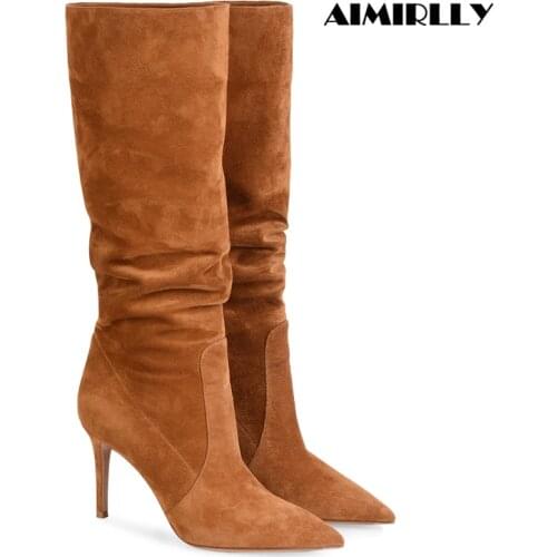 Women Shoes Pointed Toe High Heels Knee Boots Wrinkle Ankle Pull On Knee High Boots Spring Female Fashion Footwear Aimirlly