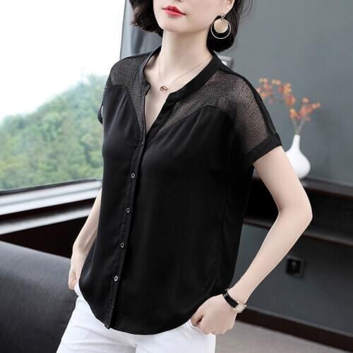Women Spring Summer Style Chiffon Blouses Shirts Lady Casual Short Mesh Patchwork Sleeve Turn-down Collar Blusas Tops ZZ0190