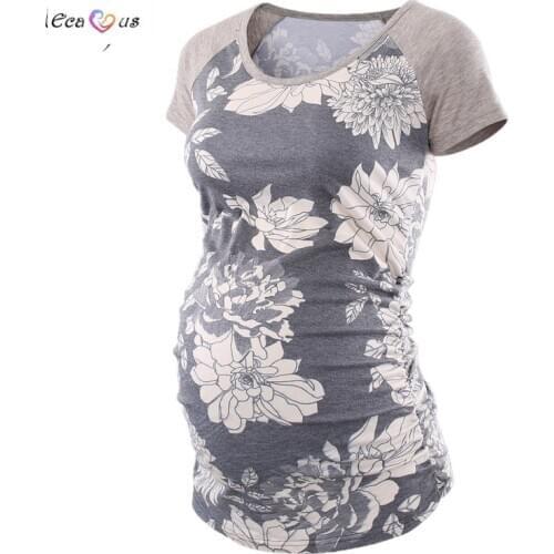 Womens Baseball Crew Neck Raglan Sleeve Side Ruched Vintage Printing Patchwork Maternity Top T Shirts Pregnancy Clothes Shirt