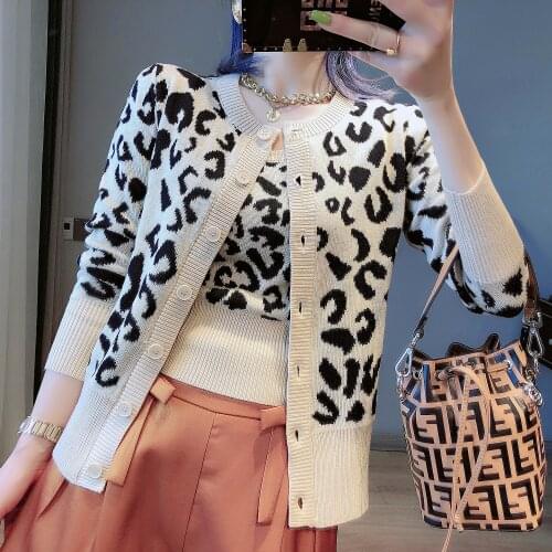 Vintage Leopard Cardigan Women 2021 Autumn Winter Sweater Coat Female O-Neck Button Up Long Sleeve Knitted Jacket Outwear