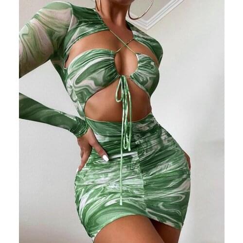 2021 Winter Casual Sexy High Waist Mesh Mini Dress Women Autumn Long Sleeve Bodycon Hollow Out Tie Dye Printed Lace Dress Female