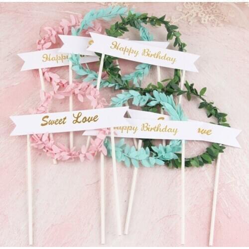 2pcs Flowers Happy Birthday Cake Topper Garland Cute Sweet Love Cupcake Topper For Wedding Gilrs Kids Birthday Cake Decorations