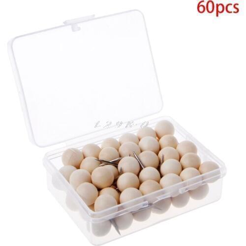 60 Pcs Round Wooden Thumbtack Creative Push Pins Decorative Drawing Wood Head Pin Office Binding Supplies