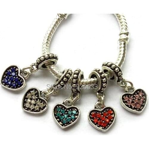 Free Shipping 50pcs heart pendant alloy rhinestone beads charms fit European bracelet DIY
