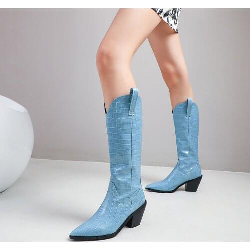 Designer New Knee High Cowboy Boots Women Embossed Leather Pointed Toe Western Cowgirl Boots Woman Chunky Wedges Boot Runway 43