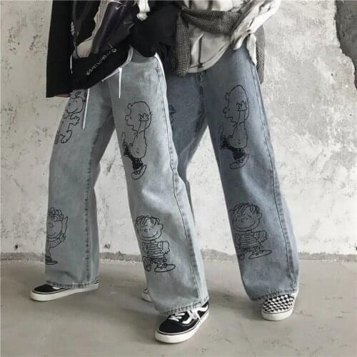 Pant Jeans Women Spring Summer New Retro Print Cartoon Graffiti High Waist Loose Button Zipper Street Straight Denim Trousers