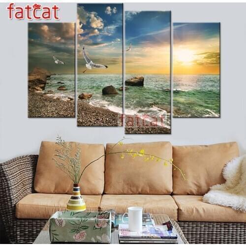FATCAT Sunrise Sea 4 Piece Diy Diamond Painting landscape seagull Full Square Round Diamond Embroidery sale decoration AE2589