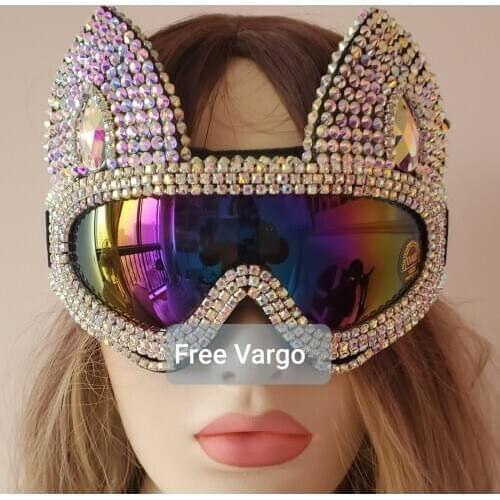 Holographic AB Rhinestone Cat Burning Man Goggle Festival Mask Costume Headpiece Cyber Goggles Stage Dj EDM EDC Rave Costume