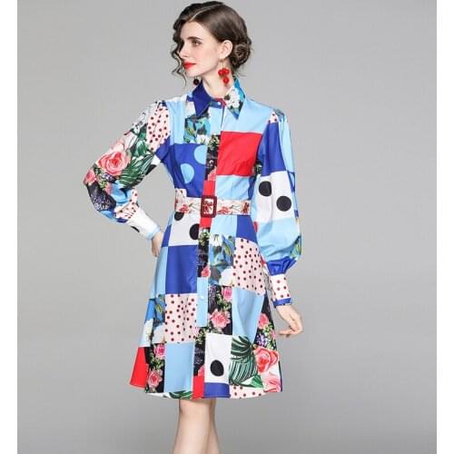 JSXDHK New Runway Designer Spring Shirt Dot Dress Fashion Women Flower Print Lantern Sleeve Single Breasted Blue Dress With Belt