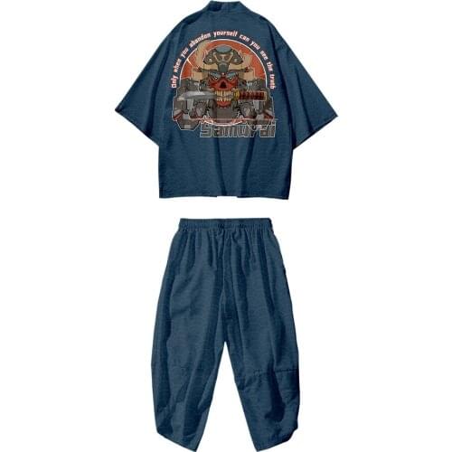 4XL 5XL 6XL Blue Samurai Japanese Style Sets Fashion Kimono Beach Harajuku Men Women Cardigan Haori Obi Asian Clothes Pant Suit