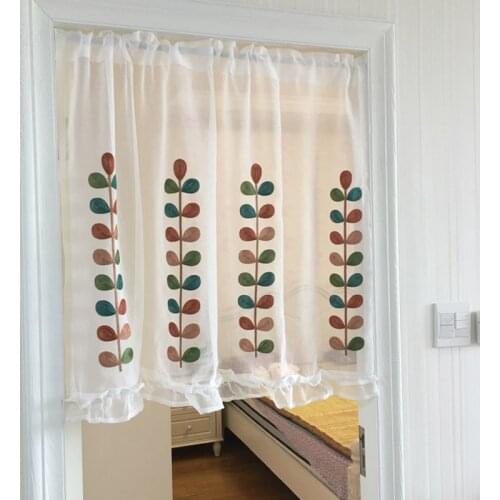Small Coffee Through Rod Curtain with Lace Hem Short Valance Leaves and Seven Star Ladybird Embroidery for Kitchen Cabinet Door