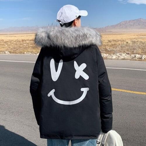 2020 Winter Harajuku Hooded Jackets Men Hip Hop Fur Collar Parkas Casual Smile Face Coats Mens Streetwear Windbreaker