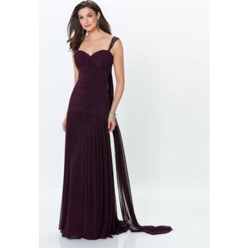 Latest Charming Purple Drop Waist Shoulders With Long Straps Mother of the Bride Dresses Beaded Pleating Wedding Party Gowns