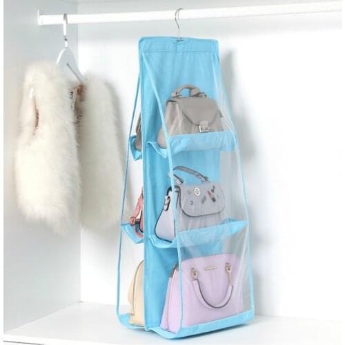 6 Pocket Hanging Handbag Transparent Storage Bag Hanging Organizer for Wardrobe Closet with Hanger Pouch Organizer Wardrobe