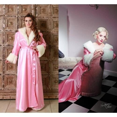 Luxury Women Pink Fur Bathrobe Sleepwear Long Nightgowns Kimono Dressing Gown Babydoll Lingerie Bath Robe Luxury Bathgowns