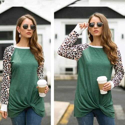 Spring Autumn Women Loose Casual Long Sleeve Shirt Vintage Fashion Leopard Print Patchwork Tops Chic Twist Knot Basic Black Tees