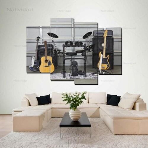 Modern Canvas Painting Wall Art 4 Pieces Music Tool Drums Guitar Hd Printed Modular Posters Living Room Home Decor No Frame