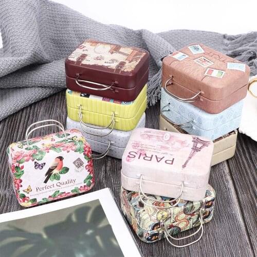 Vintage Suitcase Shape Candy Storage Box Kawaii Cartoon Metal Case Jewelry Organizer Wedding Colorful Mini Tin Box